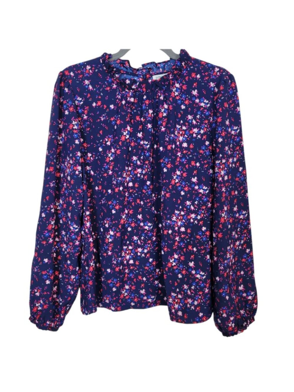 J. Crew Factory Ruffle Neck Long Sleeve Navy Floral Top Blouse Sz XL Preppy - Picture 2 of 8